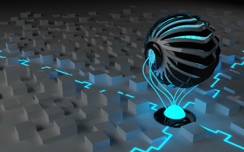 Electrifying Dimensions: A Mesmerizing 3D HD Abstract Energy Sphere Amidst a Labyrinth of Glowing Blue Wires Wallpaper