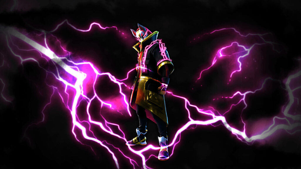 Electrifying Drift: Unleashing Purple Lightning in Epic Fortnite Battle Wallpaper
