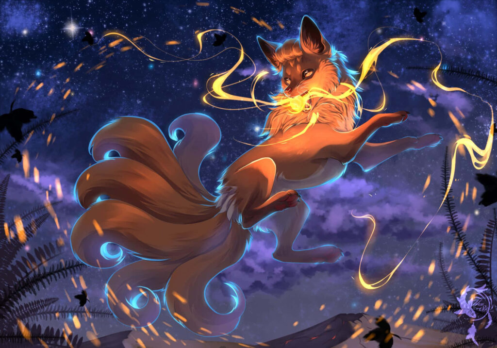 Fierce and Energized: A Dynamic Background with a Anime Fox Unleashing its Potent Inner Life Force Wallpaper