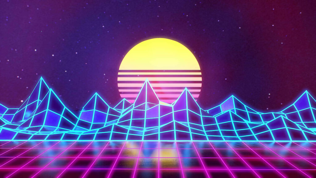 Retrowave Radiance: Vibrant Synthwave Skyline Amidst Neon Grid Mountains on a Pink and Blue Perspective Wallpaper