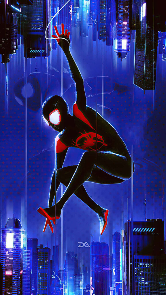 Dynamic Wallpaper: Miles Morales Spider-Man Swinging Through Neon Cityscape