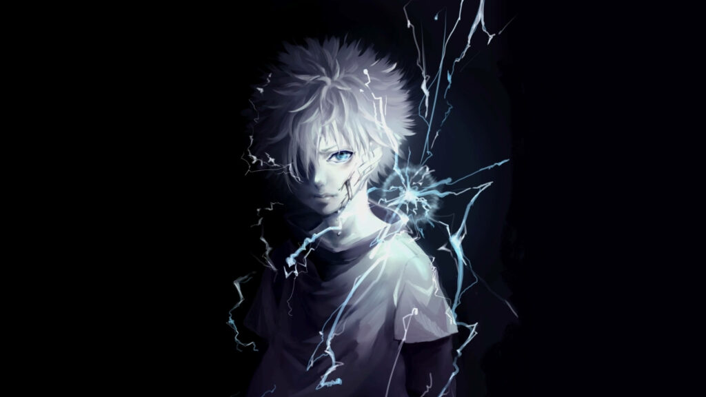 Electrifying Encounter: Killua Sparks in 4K Splendor against a Dark Backdrop Wallpaper
