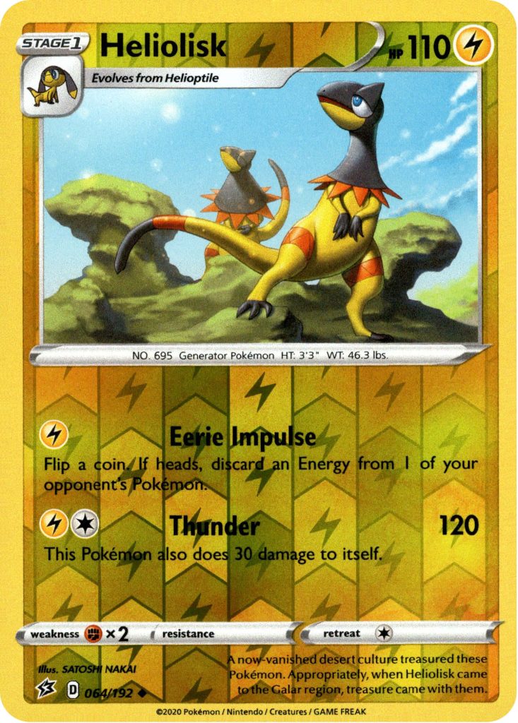 Electric-type Pokémon TCG card Heliolisk and Helioptile vibrant desert art by Satoshi Nakai Wallpaper