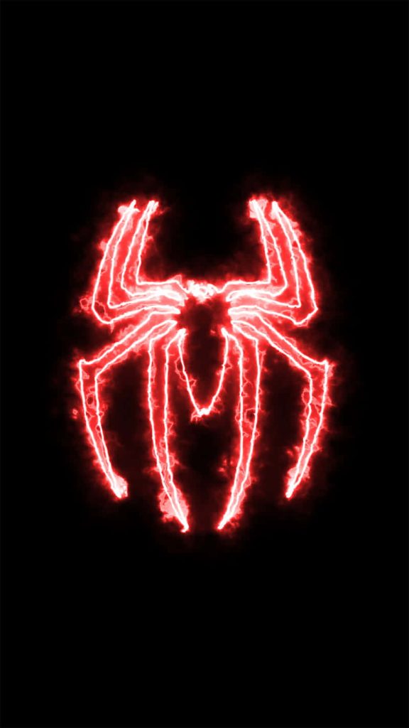 Spider-Man logo glowing neon red on black background striking high contrast wallpaper background