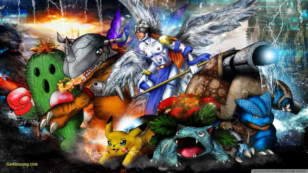 Clash of Anime Heroes: Pokemon and Digimon Unite in a Thunderous Showdown with Angemon at the Core Wallpaper