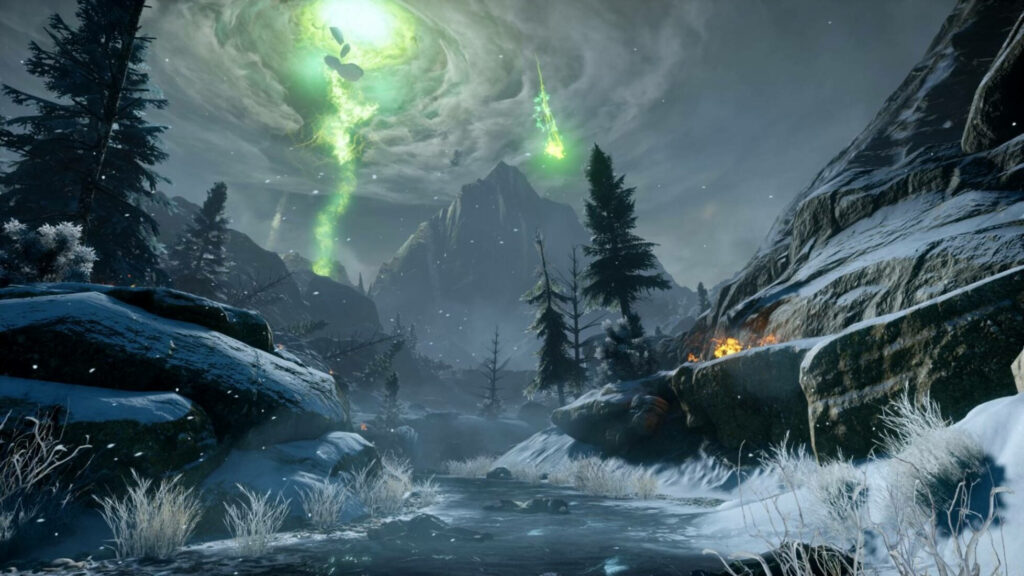 Immersive Winter Landscape from Dragon Age: Inquisition With Mysterious Green Breach and Campfire Wallpaper