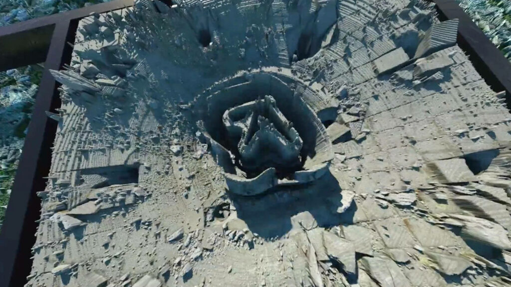 Dystopian Skyscraper Disarray: A Bizarre Electric Aerial View Wallpaper
