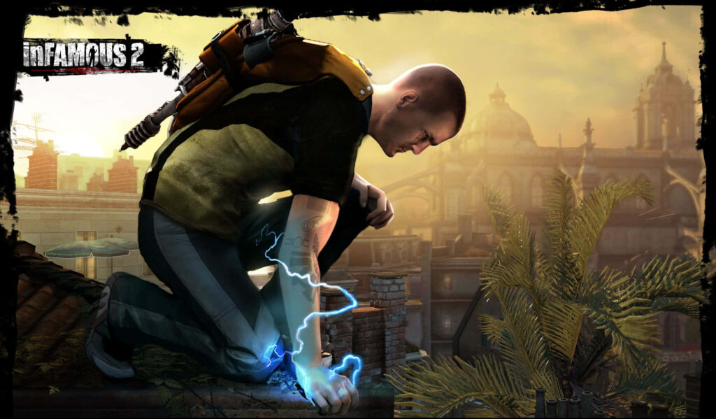 Epic Cole MacGrath Action Wallpaper from *inFAMOUS 2* - Cityscape