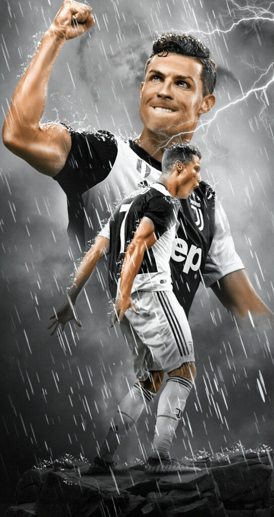 Electrifying Cristiano Ronaldo iPhone Wallpaper with Rain & Lightning