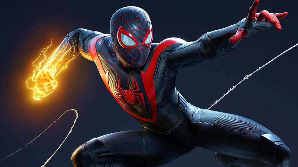 Electrifying Spiderman: 4k Wallpaper of the Web-Slinger in his Dark Suit Unleashing a Lightning Punch