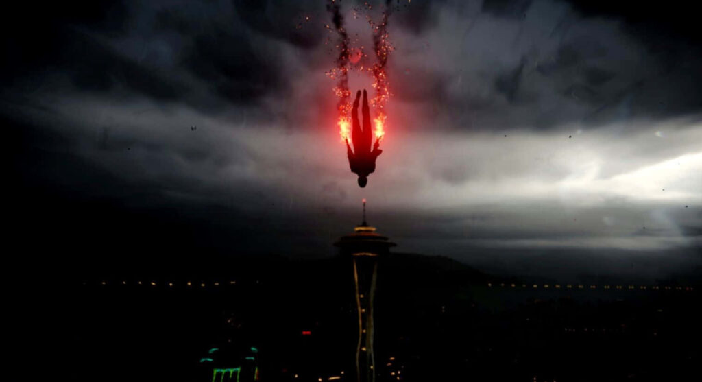 Electrifying Wallpaper: Infamous Character Descends Above Seattle
