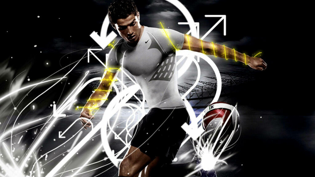 Fluorescent Fusion: Cr7 Shining in a Sleek White Jersey amidst Luminous Black Grids Wallpaper