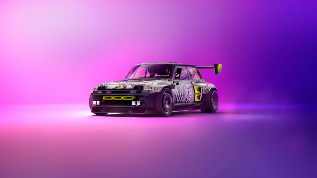 Neon Glow: Cyberpunk Car Embracing a Purple Horizon - Futuristic 5120x1440 Vehicle Background Wallpaper