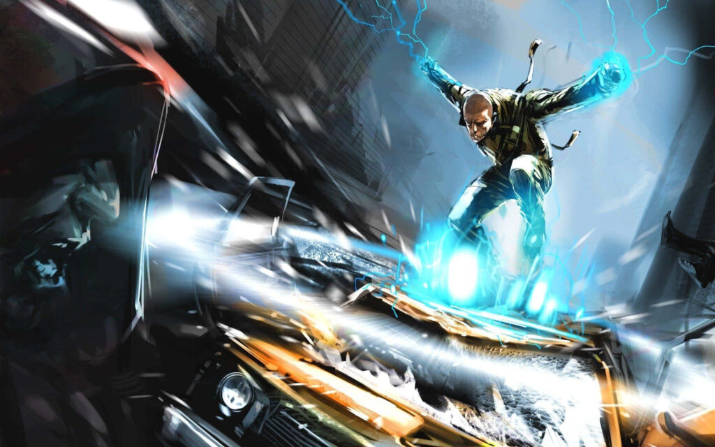 Electrifying Infamous Game Wallpaper: Urban Battle Scene