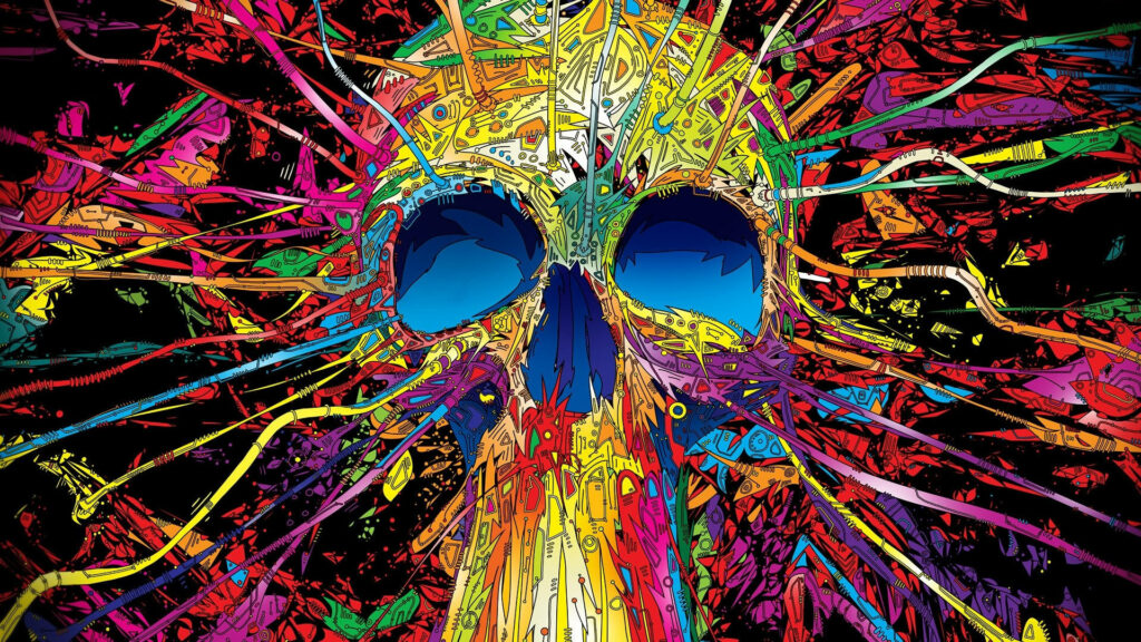 Ethereal Kaleidoscope: Mesmerizing Skull Art Embracing Vibrant Colored Wires and Enigmatic Blue Hollows Wallpaper
