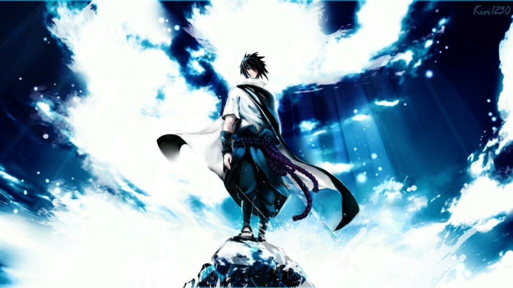 Sasuke Uchiha Anime Character with Chakra Energy Swirl in Dramatic Stance Wallpaper