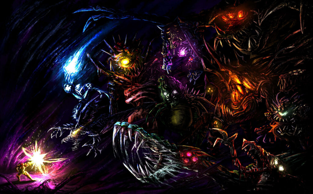 Energetic *Metroid Dread* Wallpaper: Samus vs. Menacing Creatures