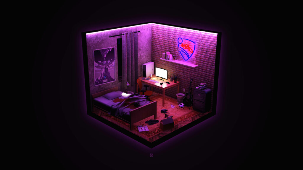 Turbocharged Thunder: 4k Isometric Room with a Rocket League-inspired Motif and Electrifying Purple Lightning Wallpaper