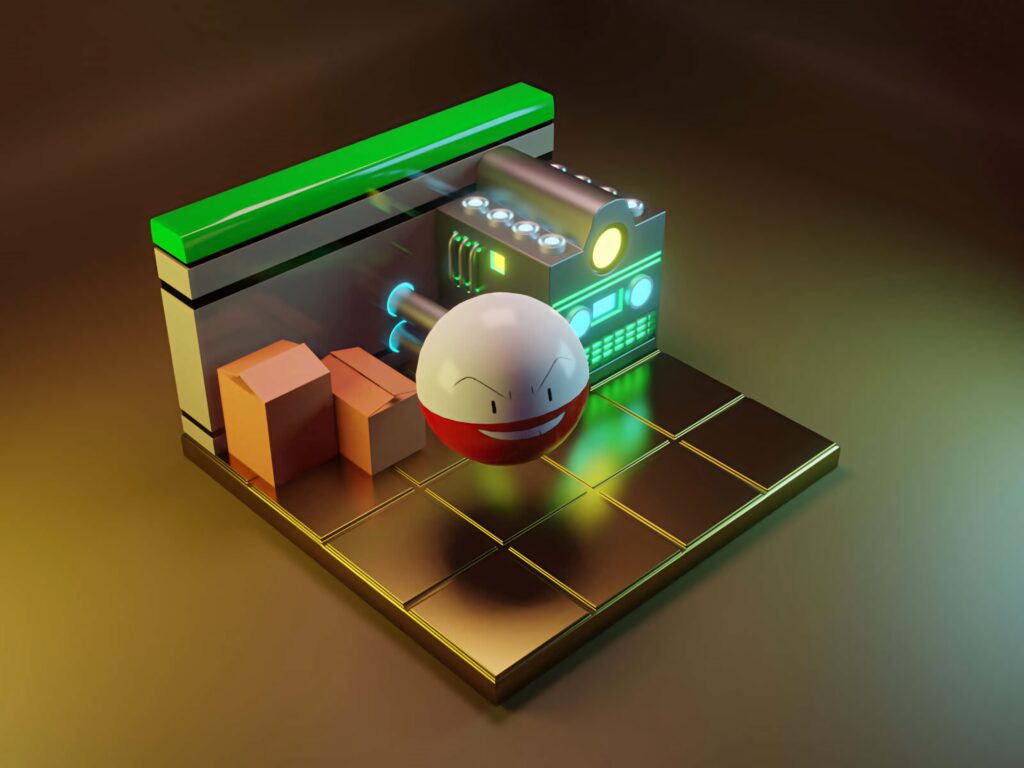 3D Electrode Pokémon wallpaper with neon machinery glossy tiles and tech-inspired diorama background