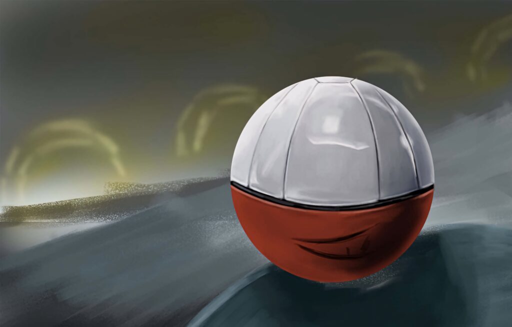 Digital painting of Electrode Pokemon with glossy red and white surface on moody abstract background Wallpaper