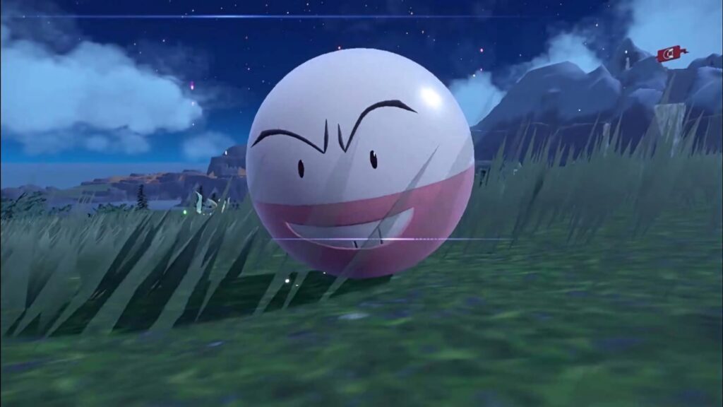 Electrode Pokémon with mischievous smile in 3D style night sky and grassy landscape wallpaper