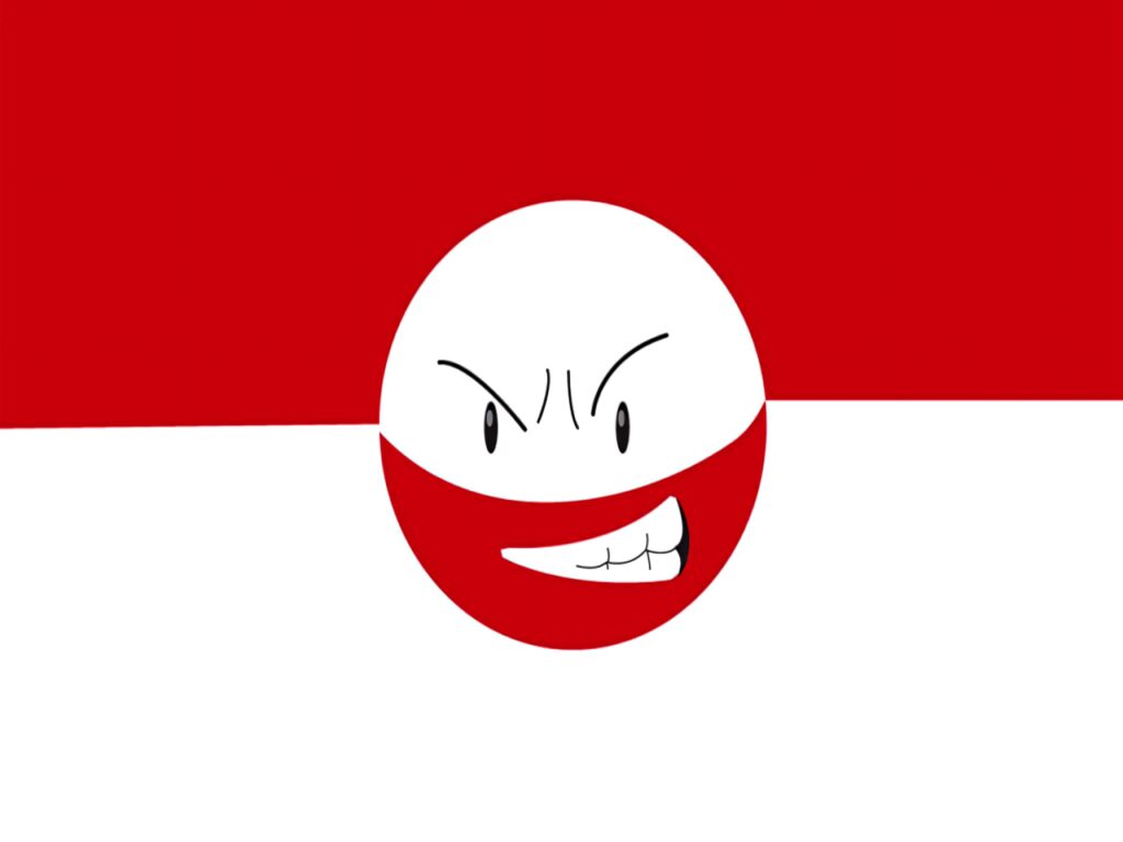 Electrode Pokémon wallpaper with bold red and white minimalistic design and mischievous expression