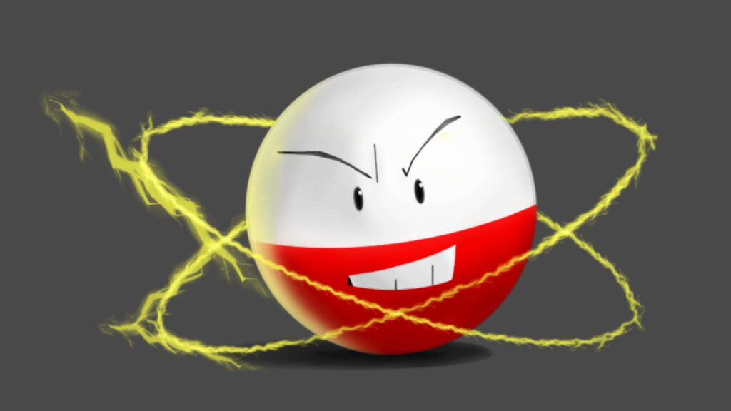 Electrode Pokémon wallpaper with bold expression and yellow electric rings on gray background