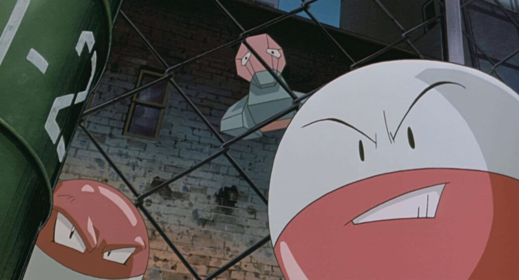 Agitated Electrode intense expression with Voltorb Porygon gritty urban night wallpaper background