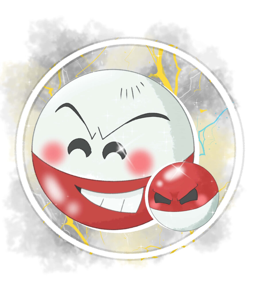 Electrode and Voltorb vibrant wallpaper with dynamic art lightning streaks electric energy background