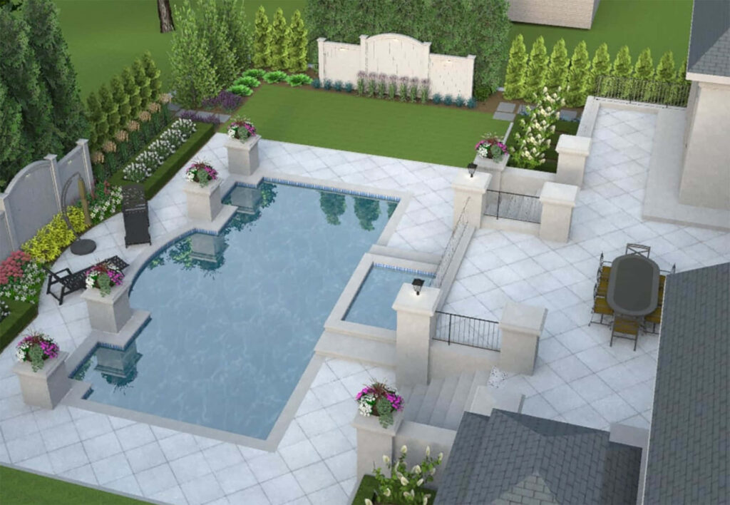 Elegant 3D Backyard Design with Pool and Lush Greenery - Wallpaper