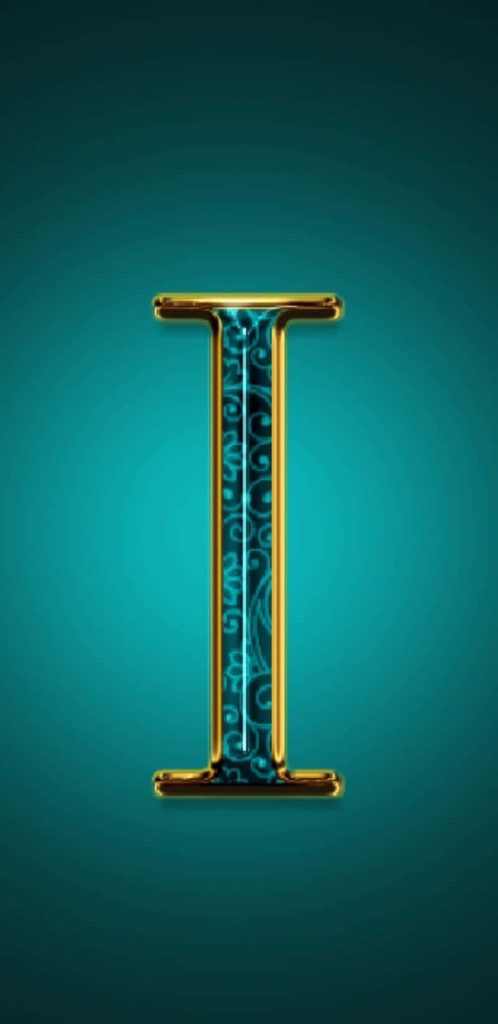 3D gold framed letter I with intricate teal ornate pattern on gradient teal wallpaper background