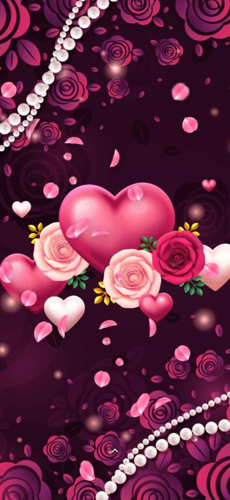 Romantic 3D Pink Heart Wallpaper with Roses & Pearls for iPhone