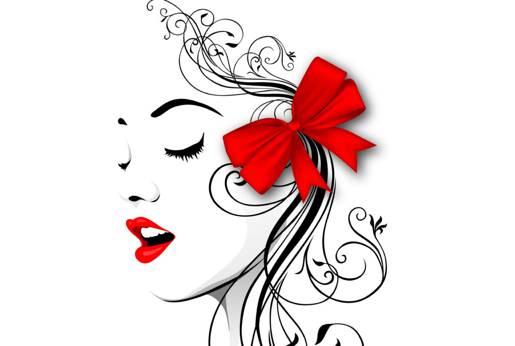 Elegant 4K Wallpaper: Woman with Red Lips & Vibrant Ribbon Design