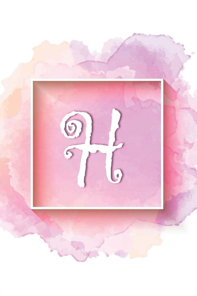 Stylish white H monogram in minimalist square on pastel pink peach lavender watercolor background Wallpaper