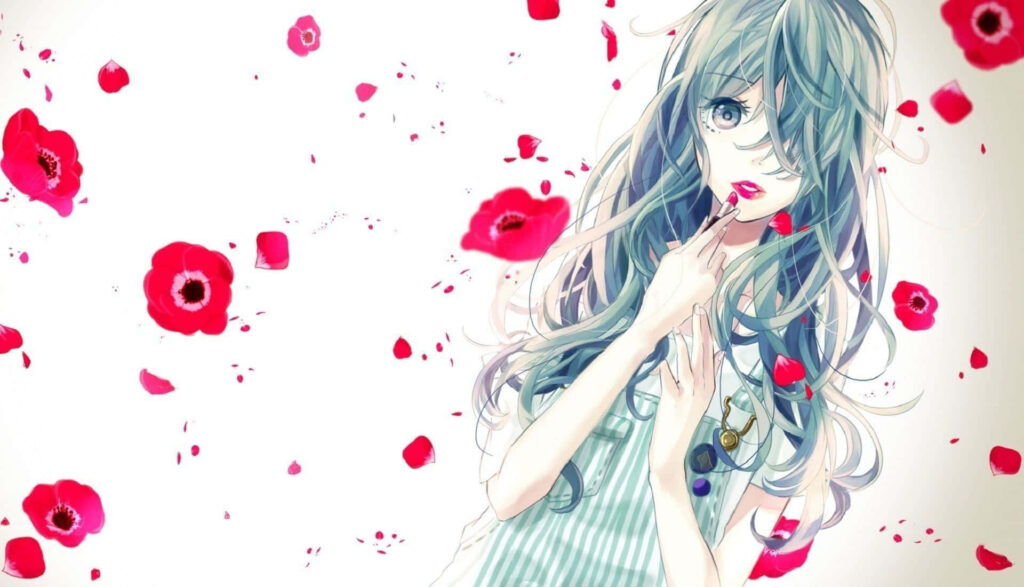 Elegant Anime Wallpaper: Pastel Hair & Floral Design Background
