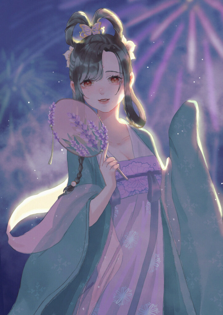 Elegant Anime Girl in Kimono with Fan - Serene Wallpaper Background