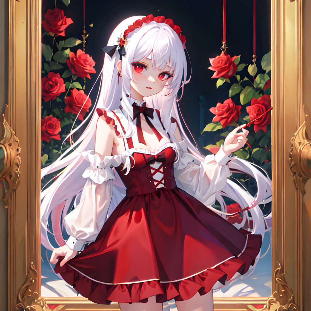 Anime Girl with White Hair in Crimson Dress Among Red Roses Wallpaper