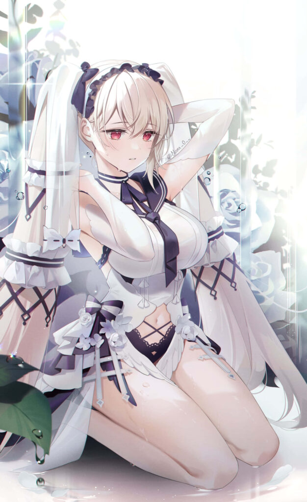Elegant Anime Maiden Wallpaper with Flowing Dress & Blooming Roses