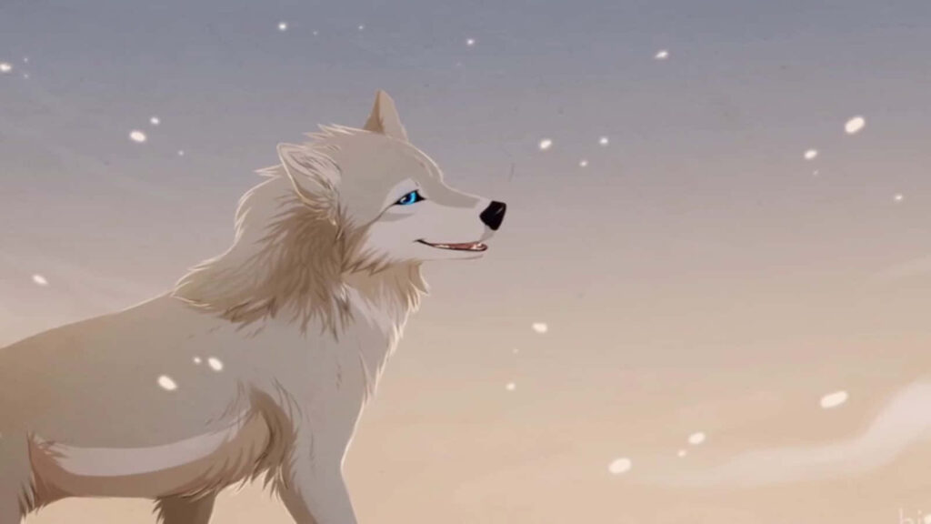 Elegant Anime Wolf Wallpaper: Beauty & Strength in Serene Snowfall