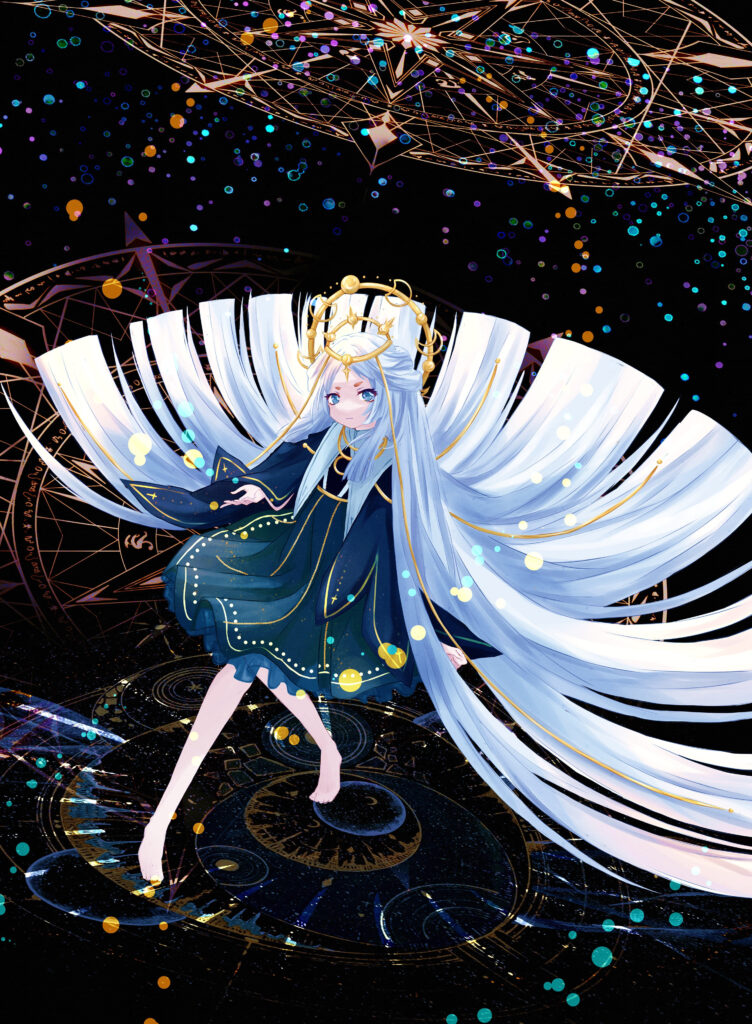 Regal Anime Wallpaper: Elegant Girl with Blue Hair & Cosmic Background