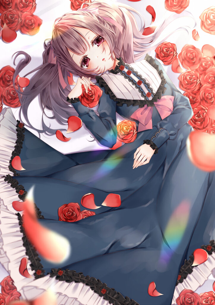 Elegant Anime Wallpaper: Girl in Vintage Gown with Roses