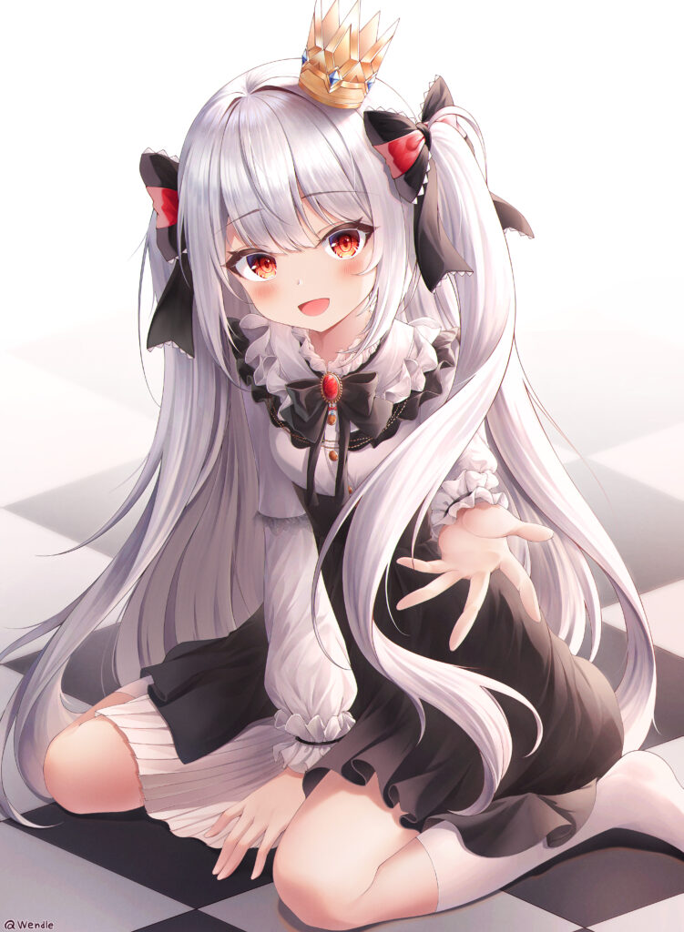 Whimsical Anime Wallpaper: Smiling Silver-Haired Princess in Bows