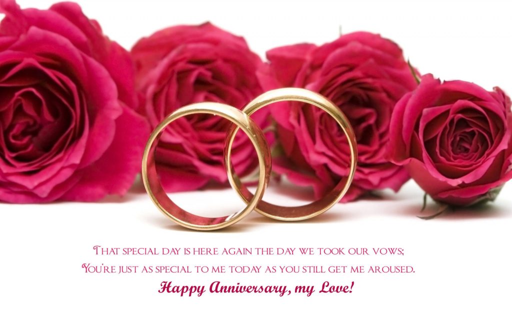 Elegant anniversary wallpaper with intertwined gold rings and pink roses on white background