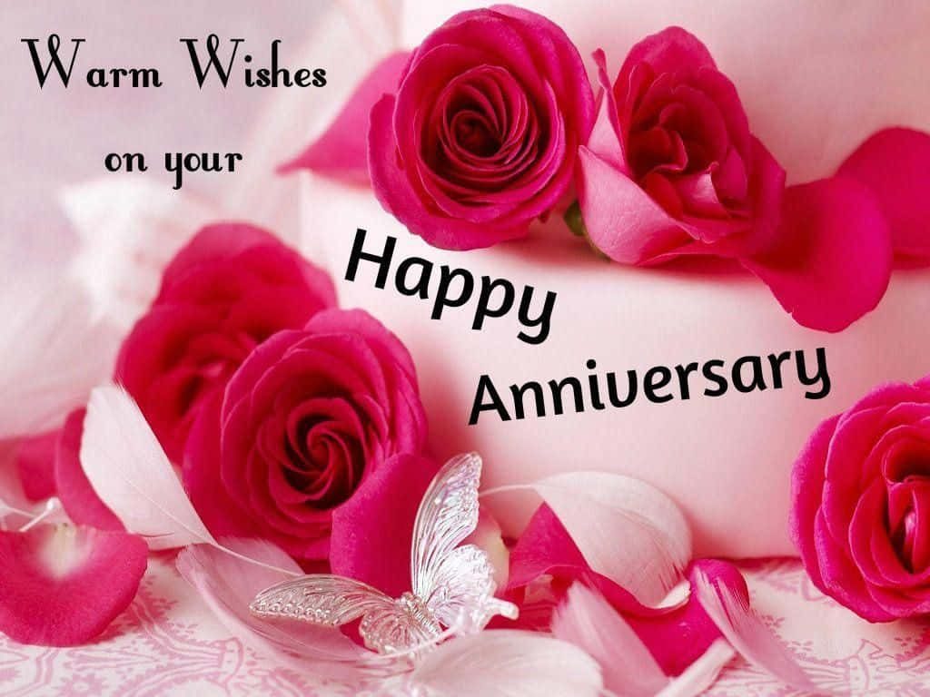 Elegant anniversary wallpaper with pink roses petals and shimmering butterfly on soft background