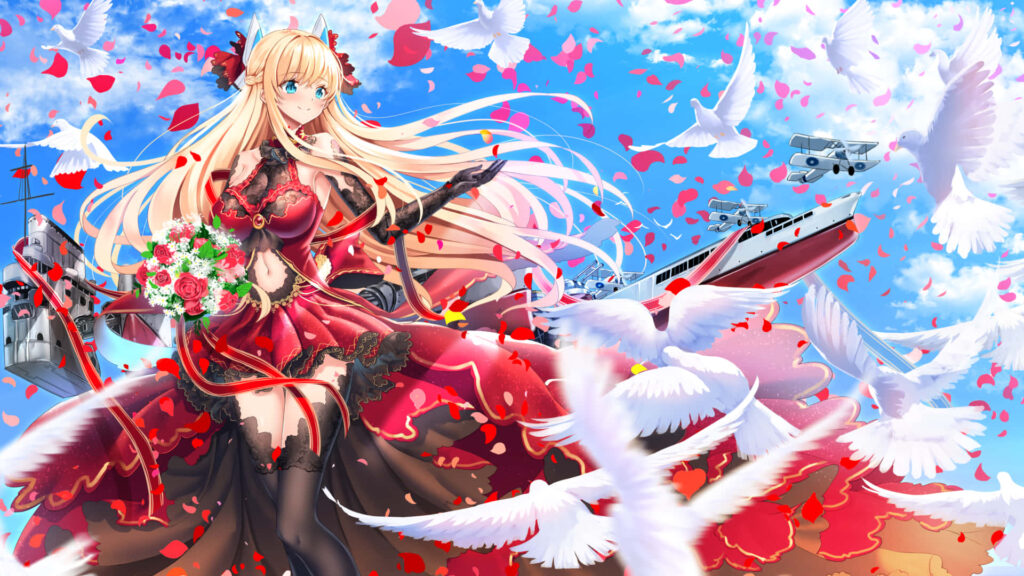 Elegant Azur Lane Wallpaper: Graceful Character Amidst Roses & Doves