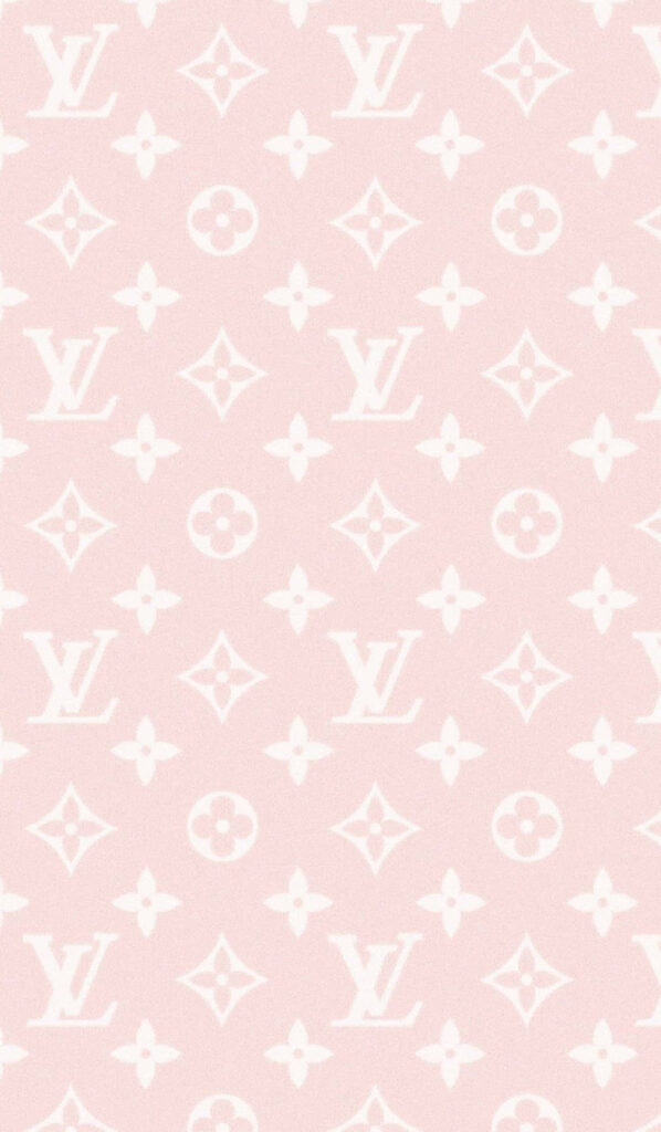 Soft baby pink wallpaper with white Louis Vuitton logo and monogram pattern elegant design