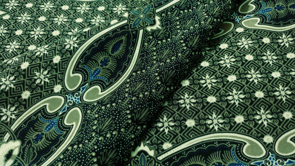 Elegant Batik Wallpaper with Vibrant Flowers in Green and Blue