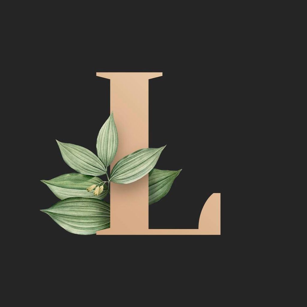 Elegant beige letter L wallpaper with green leaves on charcoal background for minimalist screens