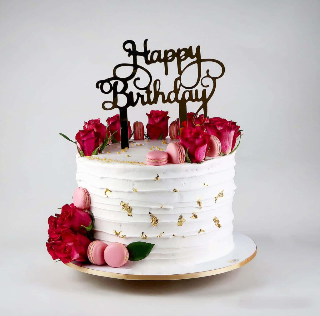 Elegant Birthday Cake with Roses & Macarons - Festive Wallpaper