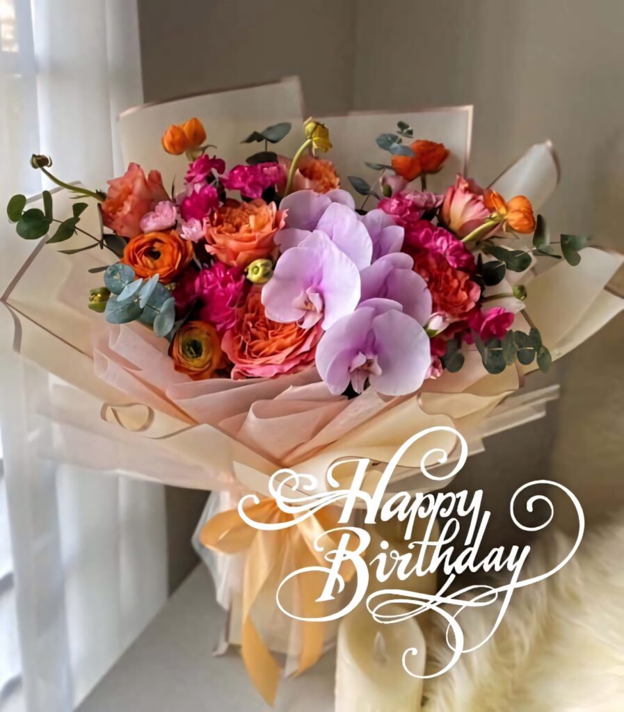 Elegant Floral Birthday Wallpaper: Vibrant Orchids & Roses Design
